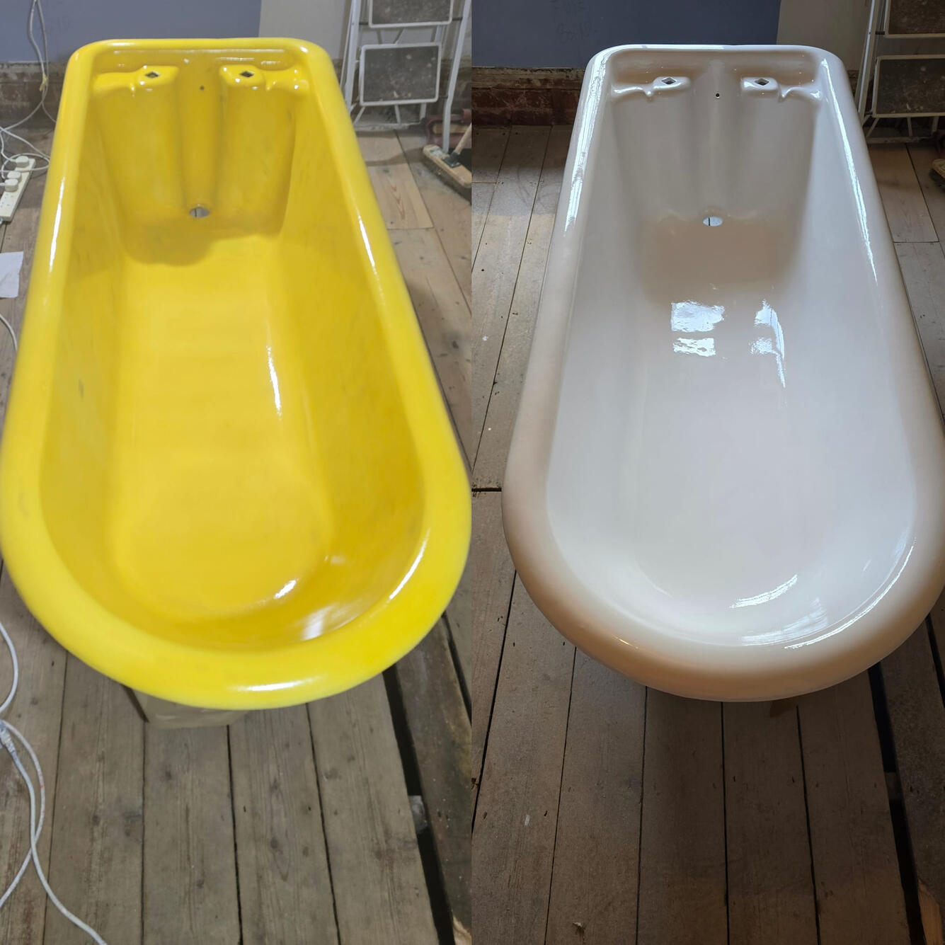 OldBEFORE AND AFTER PHOTOS OF A CAST IRON ROLL TOP BATH RE-ENAMELLED IN Bishops Cleeve, Cheltenham