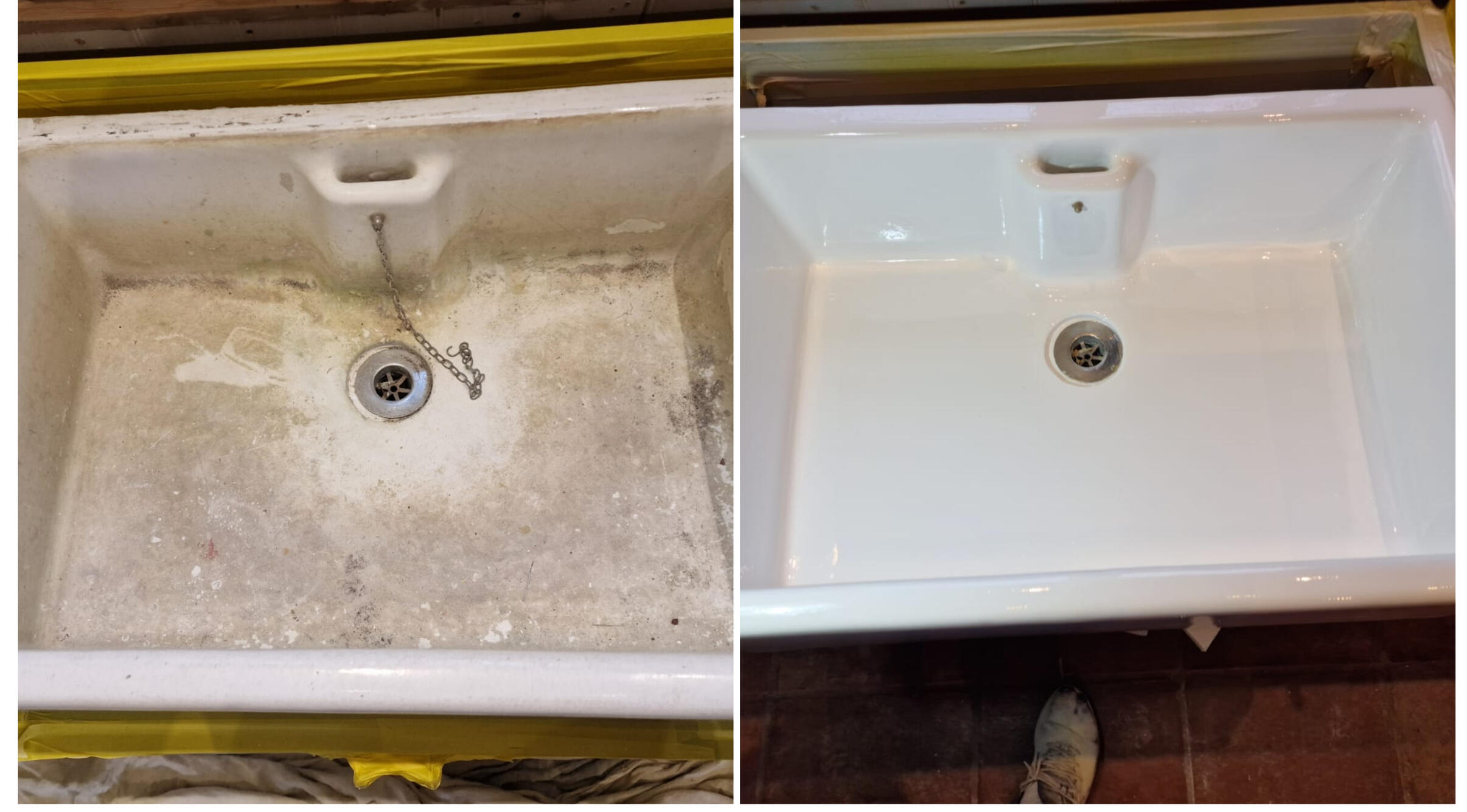 BEFORE AND AFTER PHOTOS OF A KITCHEN CERAMIC BELFAST SINK, WAS DAMAGED AND FULL OF CHIPS, FULLY RESORED TO A LIKE NEW FINISH IN Cheltenham