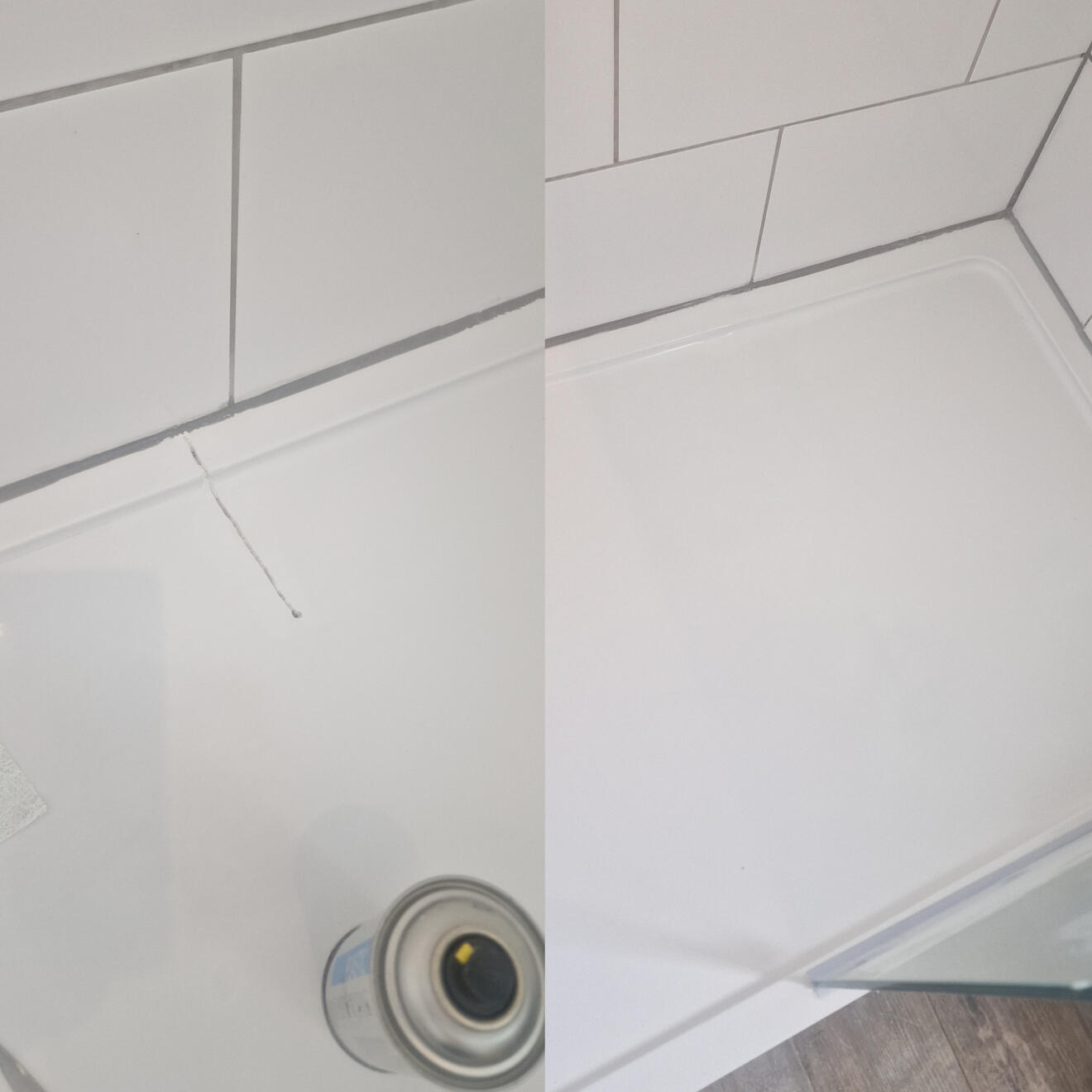 Before and after stone resin shower tray crack repair in Cheltenham
