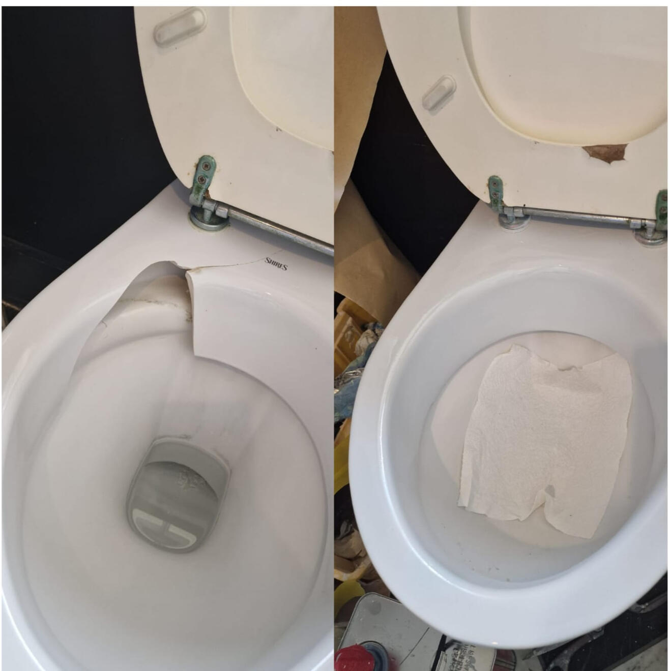 before and after pictures of a ceramic toilet crack repair in a pub in the center of Bath