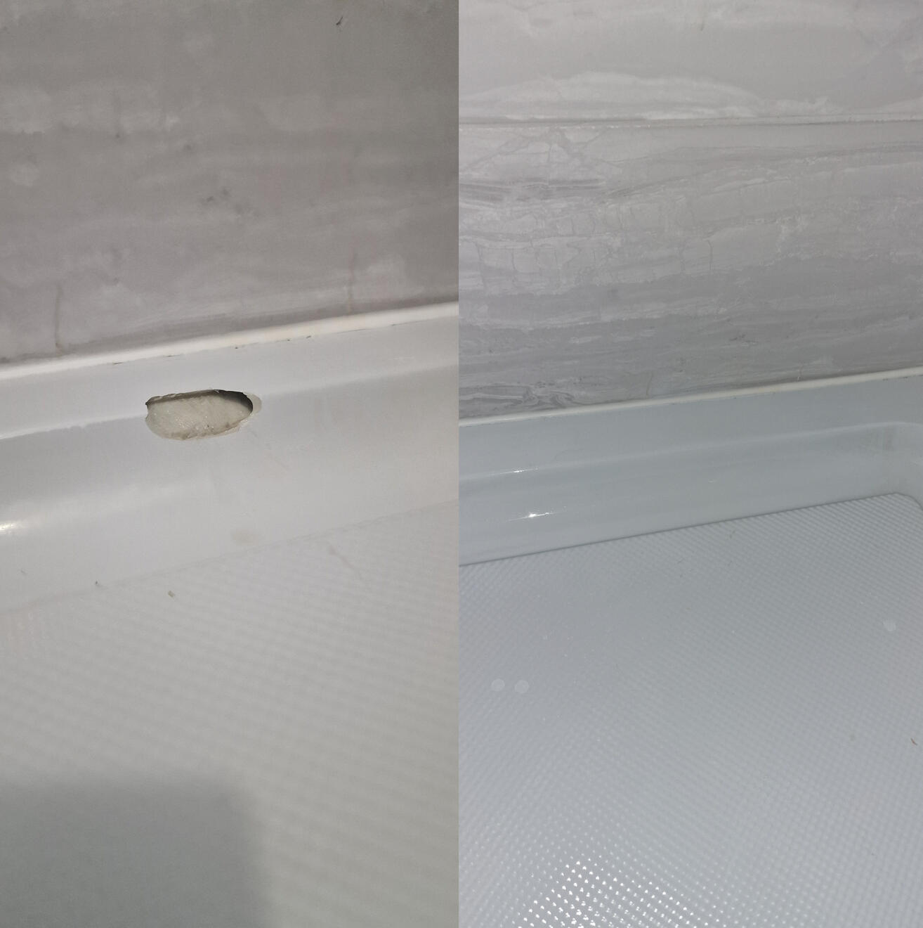Before and after pictures of a shower Tray repair in Bath City