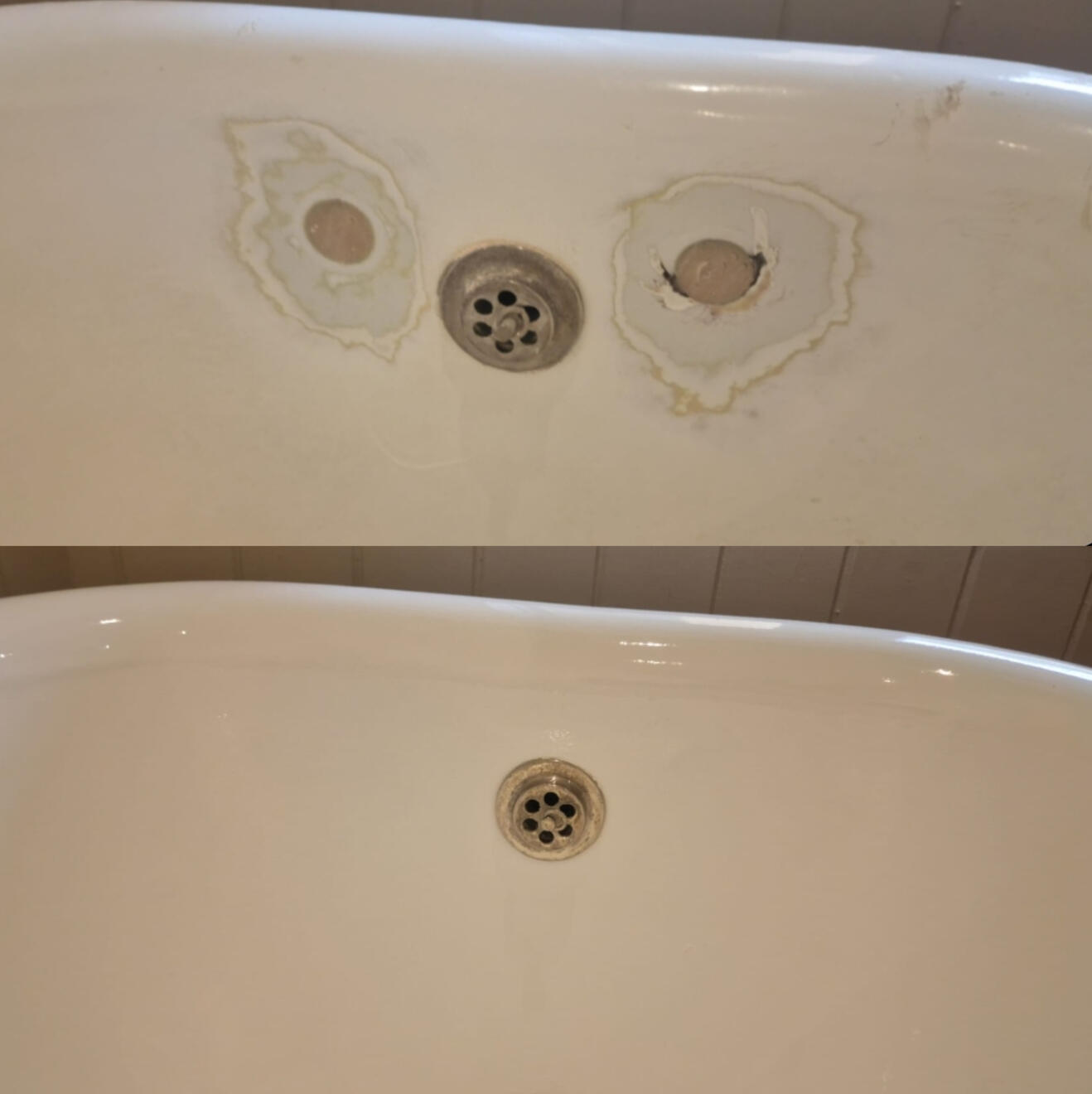 Before and after cast iron bath tap holes filled and repaired in Larkhill