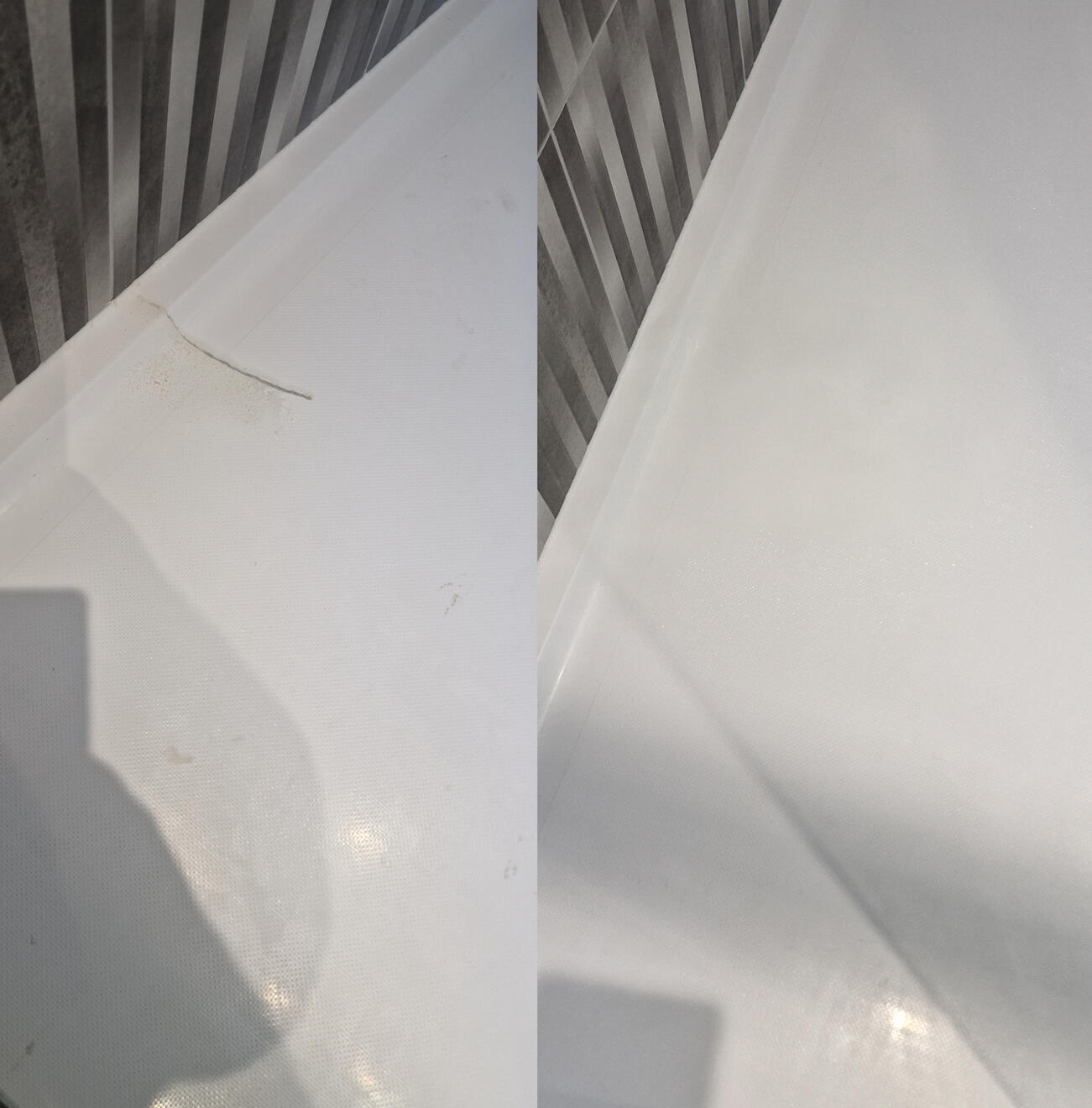 before and after pictures of a stone resin acrylic shower tray crack repair Reinforced shower tray crack repair in Cheltenham