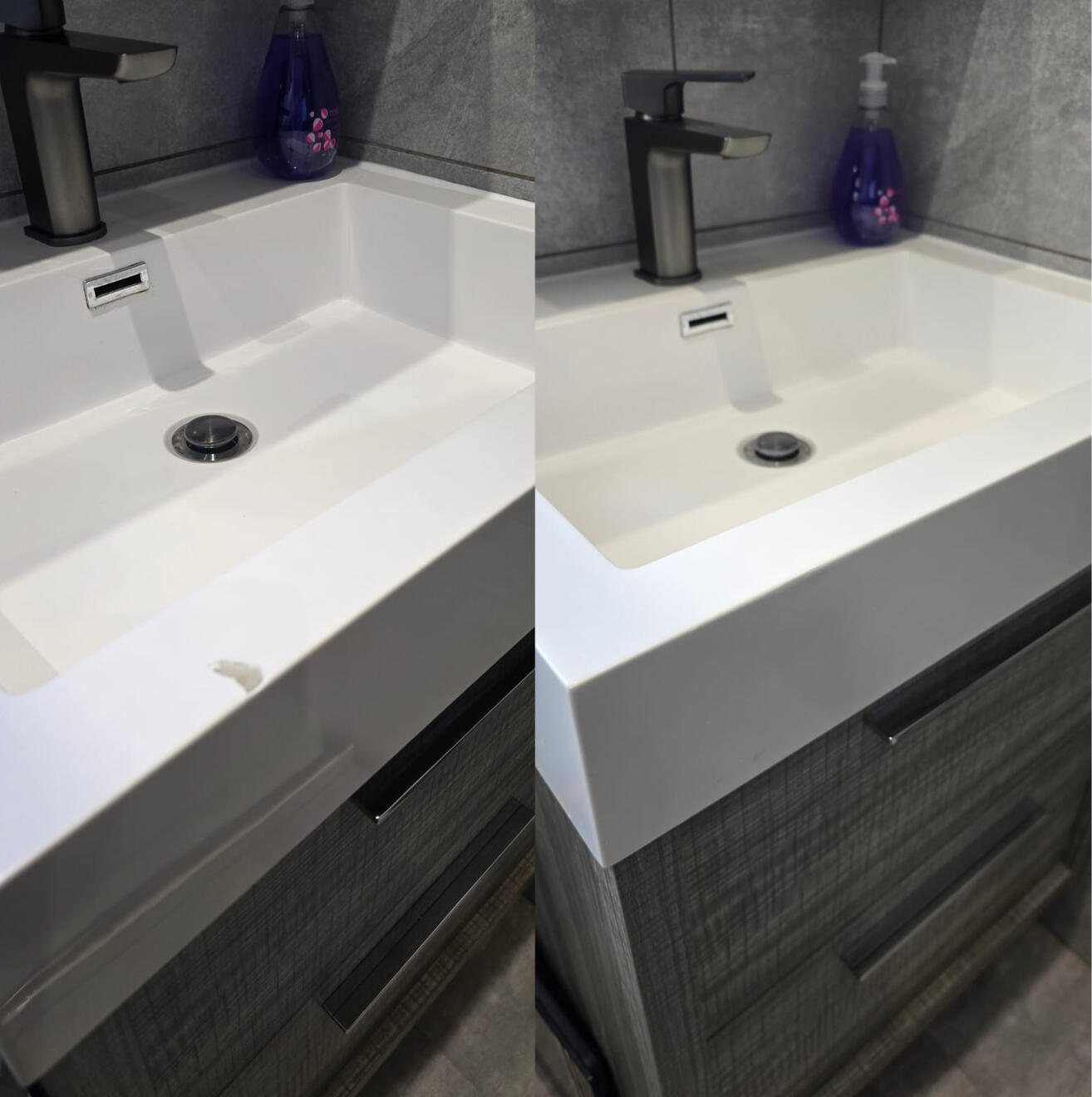 Before and after composite bathroom basin chip repair in a Bath City - Airbnb property
