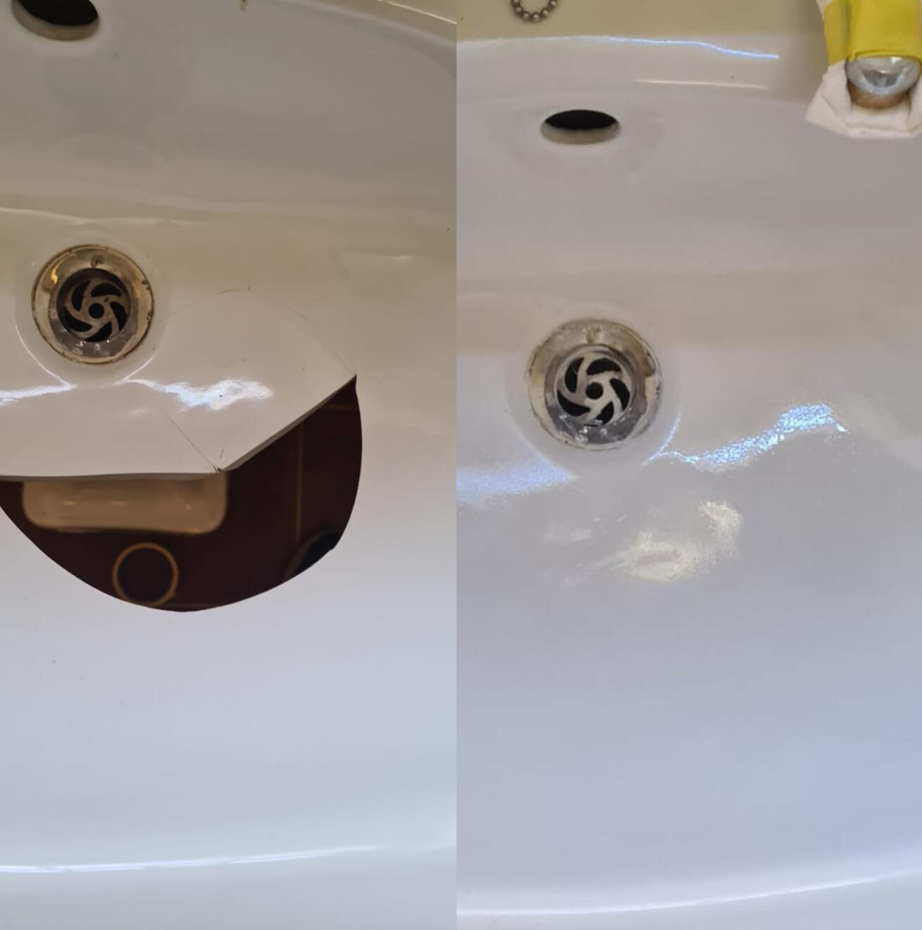 Before and after ceramic sink crack repair in Prestbury