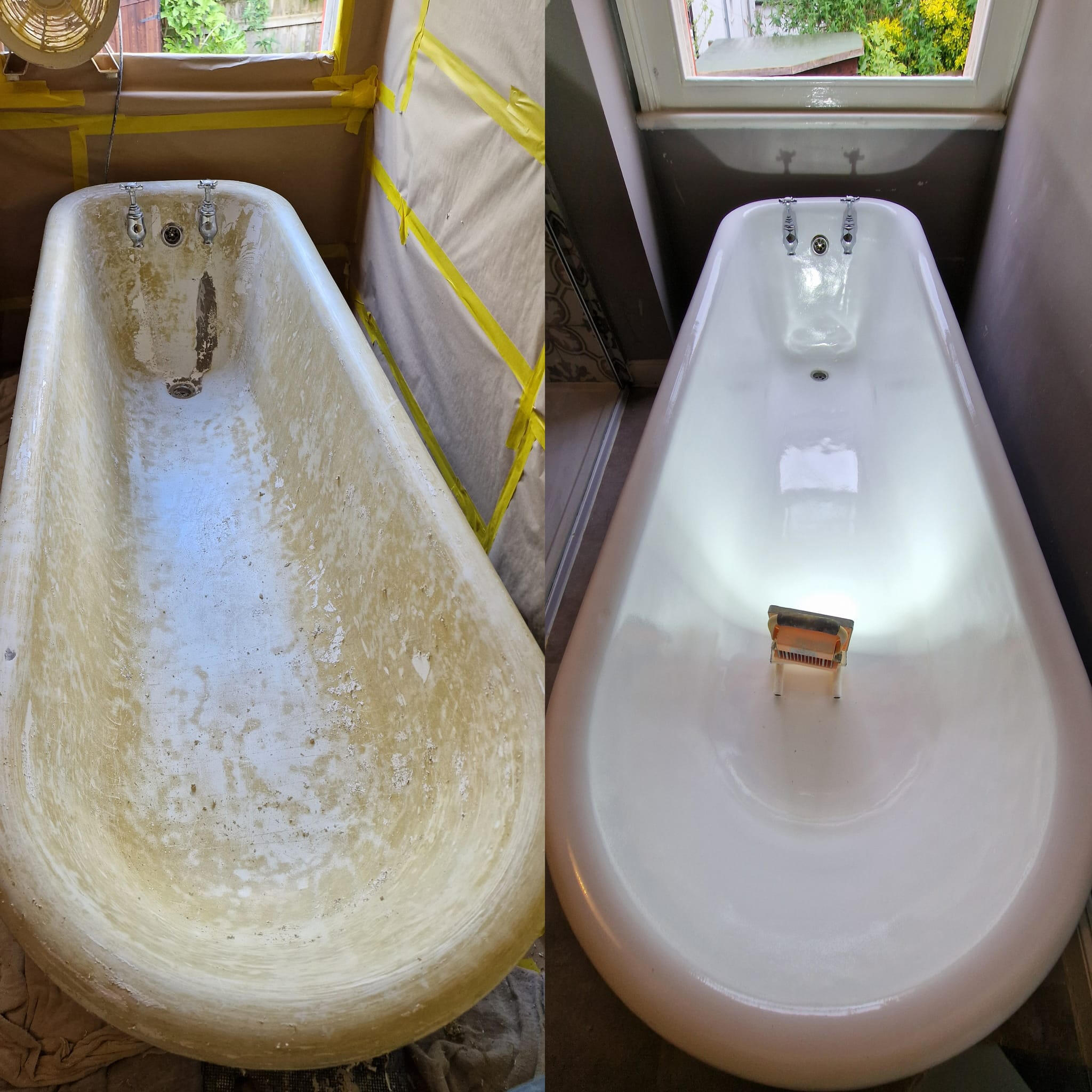 PICTURE OF A BEFORE AND AFTER OF A ROLL TOP CAST IRON BATH Before and after roll top cast iron bath re-enamelling in Charlton Kings